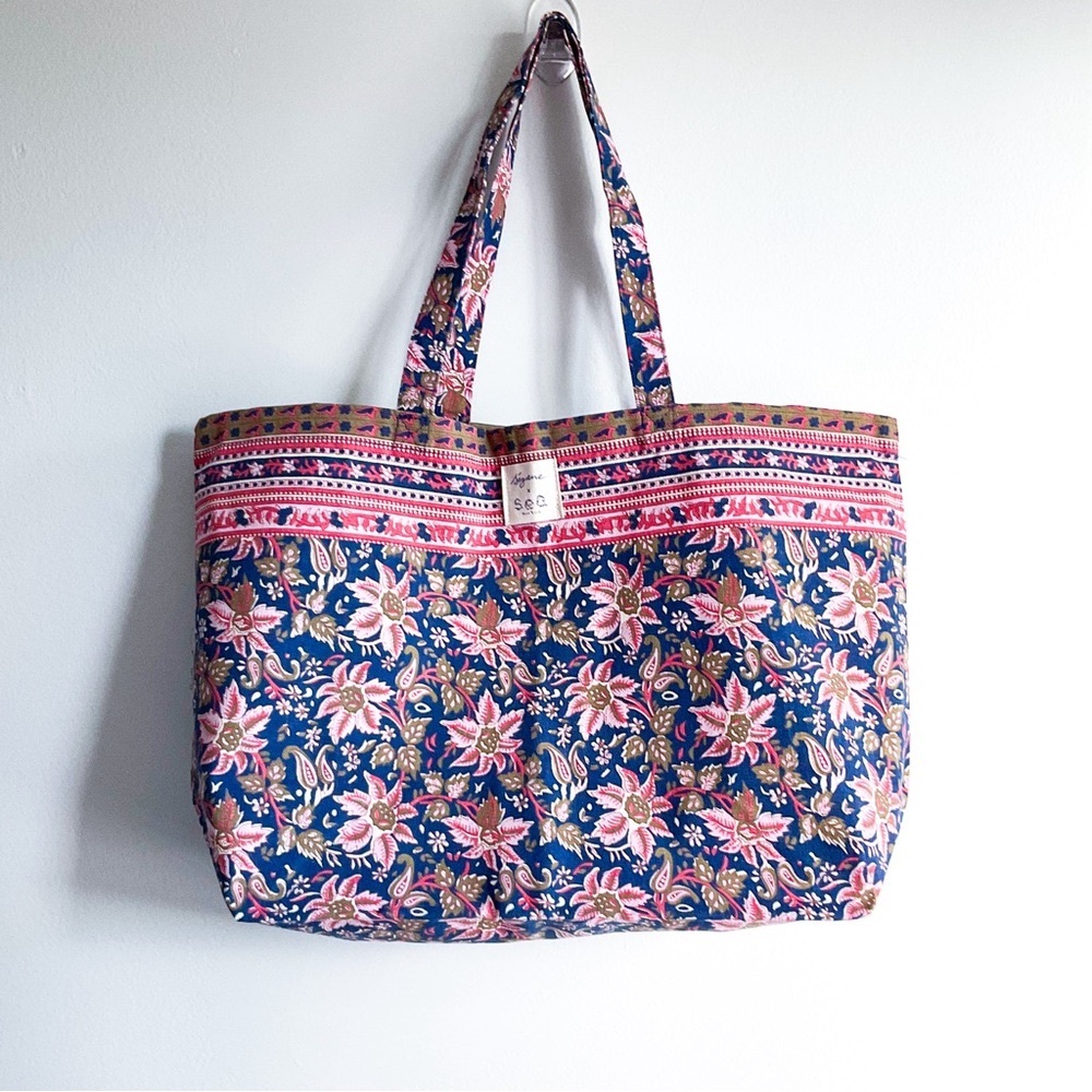 Sezane x SEA NY Tote Bag Canvas Shopper Bag Cotton Floral Navy